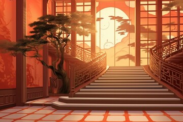Asian-inspired staircase leading towards a radiant sun - digitally crafted. Generative AI