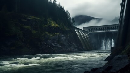 Hydroelectric power dam on a river and dark forest in beautiful mountains - obrazy, fototapety, plakaty