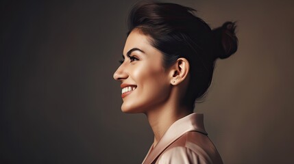 profile view of European business woman smiling against light background, copy space