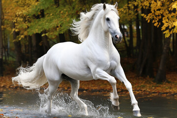 Beautiful white horse with long mane in the autumn forest.