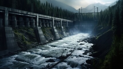 Hydroelectric power dam on a river and dark forest in beautiful mountains