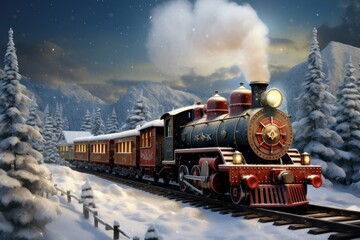 Steam-powered Christmas toy train winding through a wintry landscape.