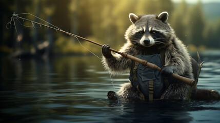 a raccoon fishing
