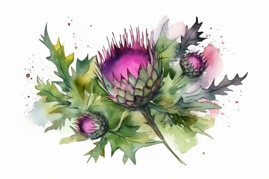 Watercolor thistle bouquet, traditional Scottish symbol. Green and magenta colors make it perfect for greetings and invitations. Generative AI