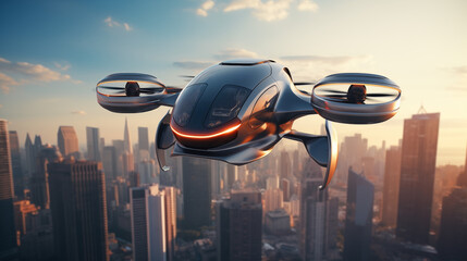 futuristic drone flying over the city