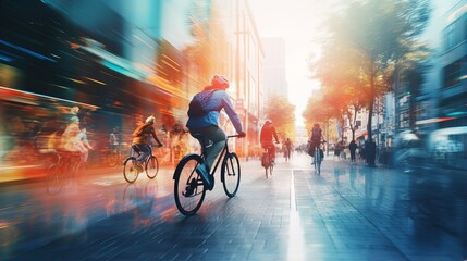 Dynamic City Commuters: People Cycling for a Healthy, Eco-Friendly Lifestyle with Motion Blur and Multiple Exposure Effects