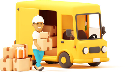 Vector Warehouse Worker or Courier Loading Yellow Van with Cardboard Boxes and Gift Box. Cartoon Illustration for Shopping Delivery and Mail Service