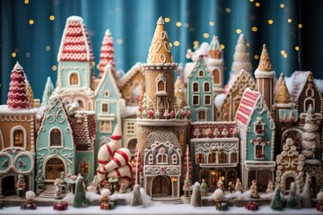 Whimsical Christmas bakery showcasing gingerbread skyscrapers.