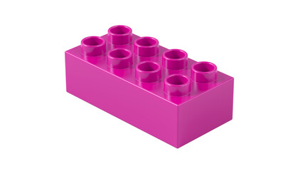Rhodamine Red Plastic Bricks Block Isolated on a White Background. Children Toy Brick, Perspective View. Close Up View of a Game Block for Constructors. 3D rendering. 8K Ultra HD, 7680x4320, 300 dpi