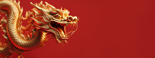 golden chinese dragon on red color background, generative ai - obrazy, fototapety, plakaty