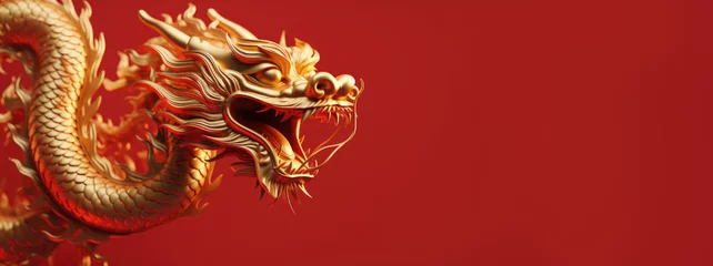 Fotobehang golden chinese dragon on red color background, generative ai © AIGen