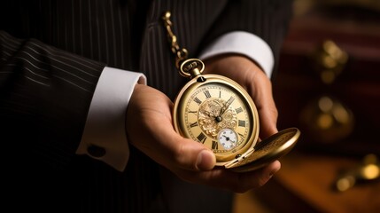 Man holding a pocket watch in his hands - obrazy, fototapety, plakaty