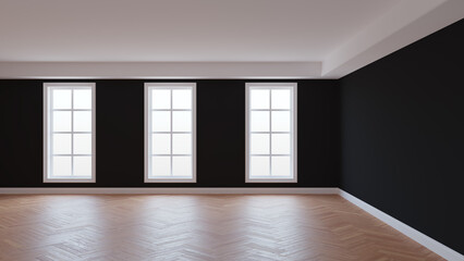 Interior with Black Walls, White Ceiling and Conrnice, Three Large Windows, Herringbone Parquet Flooring and a White Plinth. Beautiful Concept of the Room, 3d Rendering. 8K Ultra HD, 7680x4320