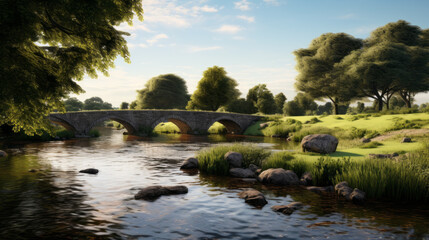 Obraz premium A tranquil river, with a few small islands in the distance and a bridge crossing it