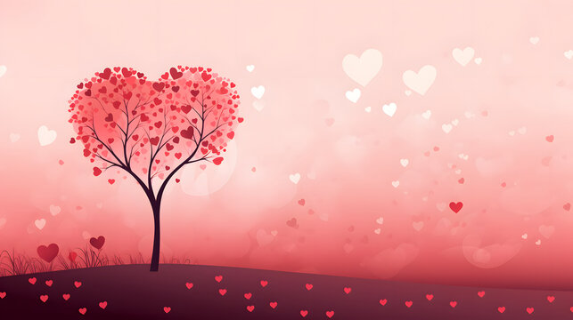 minimalistic valentines day background with heart shaped tree with red heart shaped red leaves. Neural network generated image. Not based on any actual scene or pattern.