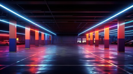 underground parking in neon light - obrazy, fototapety, plakaty