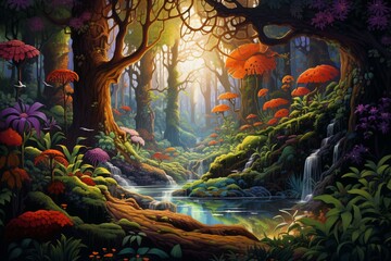 Colorful and dynamic artwork depicting a lush forest scene. Generative AI