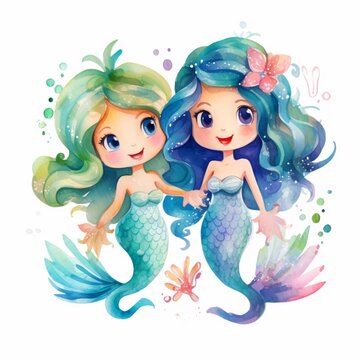 Young happy mermaids cartoon watercolor attention image AI generated art