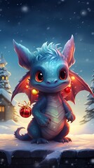 Obraz na płótnie Canvas Cute friendly smiling Christmas dragon with gifts against the backdrop of a winter landscape in pastel colors, New Year's watercolor illustration, AI generated