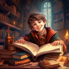 Young wizard standing front table photography image AI generated art