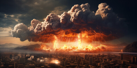 A nuclear bomb exploding in a city. The end of the world, military action against humans - obrazy, fototapety, plakaty
