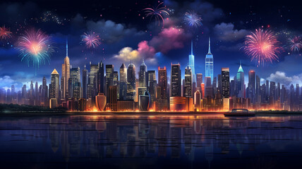 City background with skyscrapers and fireworks, celebrating new years eve
