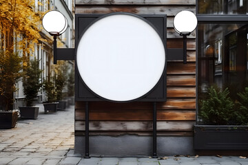 Blank minimal circular shop signboard mockup for design. Street hanging sign board for logo presentation.