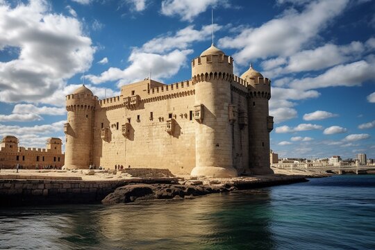 a view of the historic Qaitbay Citadel in Alexandria, Egypt. Generative AI