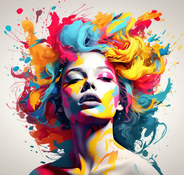 Vibrant Color Splash Portrait of a Woman - Artistic Illustration