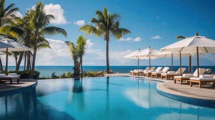 beautiful views of the resort with blue clear sky, swimming pool and palm trees - obrazy, fototapety, plakaty