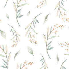 Floral seamless pattern with blossom flowers and green branches, watercolor illustration on white background, print for textile or wallpapers in provence style