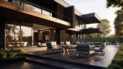 modern dark villa with open plan living and private chair wing with small terrace for relaxation