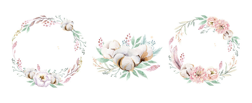 Wreaths, set floral frames and bouquetr, watercolor flowers pink peonies,peony Illustrations hand painted. Isolated on white background. Perfectly for greeting card design.
