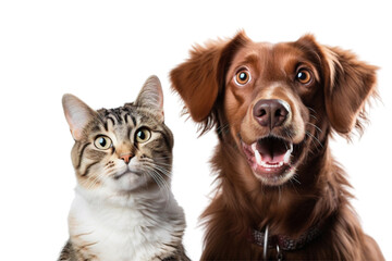 Portrait of a dog and a cat looking at the camera in front of a white background - obrazy, fototapety, plakaty
