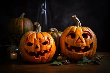 Halloween pumpkins decorated with a festive spirit. Generative AI