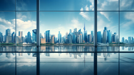 Panoramic skyline and business buildings in big city with many glass windows,