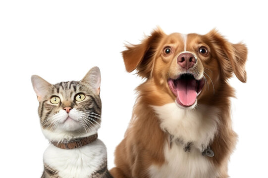 Portrait of tabby cat and golden retriever dog together on transparent background