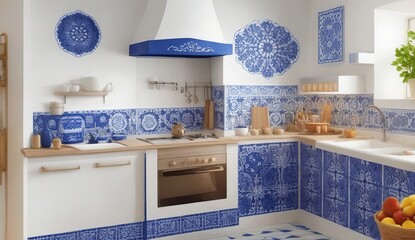 Cocina con azulejos azules y arquitectura tradicional catalana, Cocina moderna y artesanal, creada con IA generativai - obrazy, fototapety, plakaty
