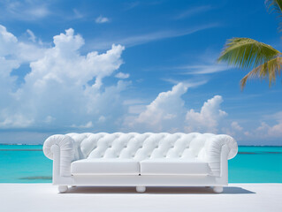 A white leather sofa is placed on the beach sand in a tropical climate. The weather is clear with a blue sky.
