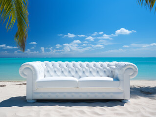 Fototapeta na wymiar A white leather sofa is placed on the beach sand in a tropical climate. The weather is clear with a blue sky.