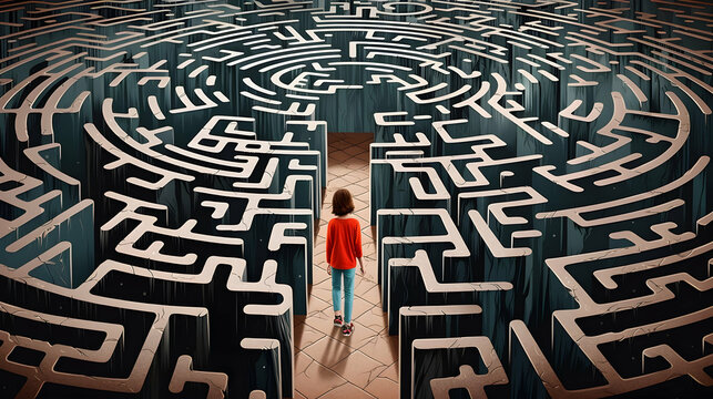 Child is facing a surreal complicated labyrinth ahead of him, concept of a life path