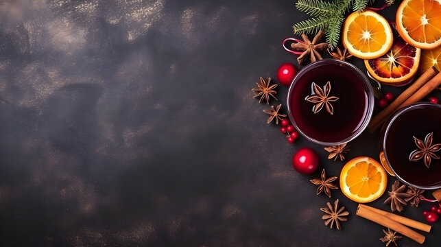 Christmas traditional warm drink, mulled wine, with oranges, spices and cinnamon, top view, flat lay, copy space