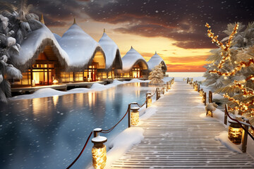 Luxury winter hotel or resort, concept of travel and tourism, snow and freezing cold - obrazy, fototapety, plakaty