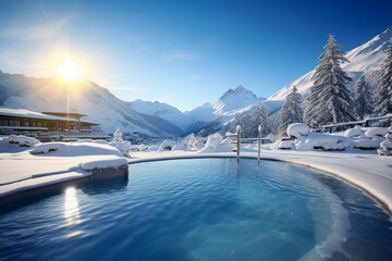 Luxury winter hotel or resort, concept of travel and tourism, snow and freezing cold - obrazy, fototapety, plakaty