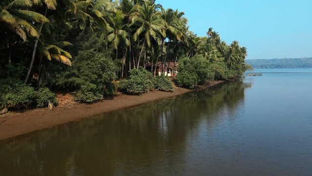 Aerial view of a beautiful village on an island surrounded by coconut trees in Tarkarli near Goa, India.