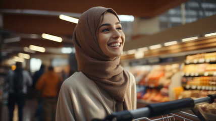 Attractive middle eastern young muslim woman wearing a hijab shopping at a supermarket - obrazy, fototapety, plakaty