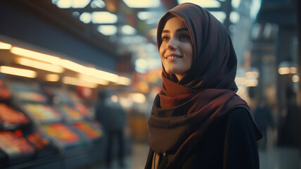 Attractive middle eastern young muslim woman wearing a hijab shopping at a supermarket - obrazy, fototapety, plakaty