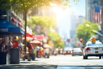 defocused American downtown street view at sunny summer day. Neural network generated image. Not...