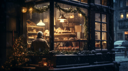 Man buying sweet goods in the winter bakery, snowy street, shop windows background, Generative AI - obrazy, fototapety, plakaty