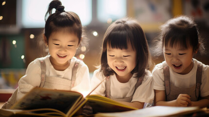 Group of little preschoolers reading a book sitting at the classroom